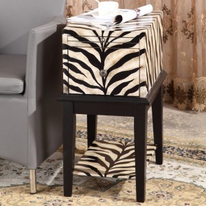Rustic Zebra End Table with Storage & Shelf Wood End Table with Pull-Out Tray