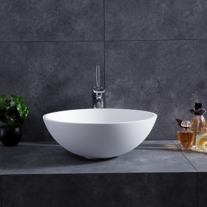Stone Resin Round Bowl Shape Bathroom Vessel Sink in Matte/Glossy White with Popup Drain