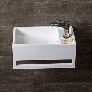 Stone Resin Solid Surface Rectangle Wall-Hung Bathroom Ramped Sink with Towel Bar in Matte/Glossy White
