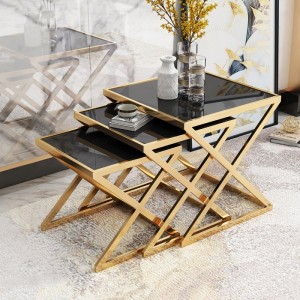 Stylish 3-Piece Nesting Side Table Black Tempered Glass Nesting End Table with Gold X Base