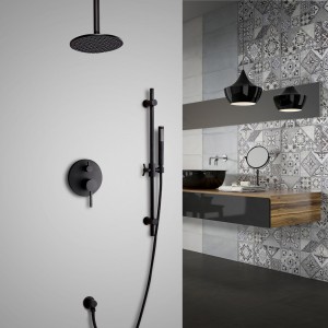 Stylish Black Dual Functions 1-Handle Ceiling Mounted Round Rain Shower Head & Hand Shower Set Solid Brass
