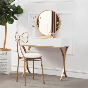 Stylish Design Gold Metal Base White Wood Makeup Table with Round Mirror & Chair Set