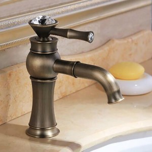 Traditional One Hole Crystal Single Lever Bathroom Sink Faucet with Aerated Spout Solid Brass in Antique Brass