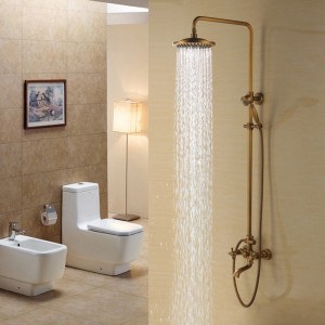 Traditional Rainfall Exposed Shower System with Tub Spout & Handheld Shower in Antique Brass