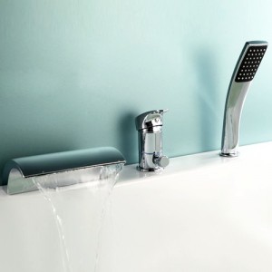 Victoria Deck Mount Single Handle Waterfall Roman Tub Faucet with Handheld Shower in Polished Chrome / Brushed Nickel