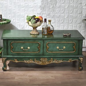 Vintage Antique Green & Gold Accent Coffee Table with 4-Drawer 48" Birch Manufactured Wood Table