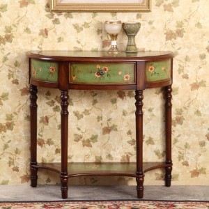 Vintage Arched Green Console Table Antique Wood Flower Pattern Entryway Table with Drawer & Shelf