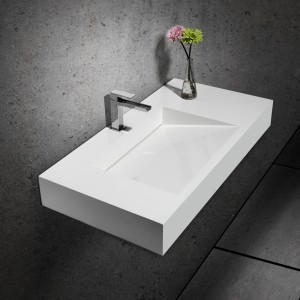 Wall-Hung Stone Resin Rectangle Bathroom Ramped Sink in Matte or Glossy White
