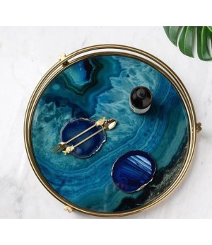Ray Nordic Light Luxury Gold Plated Glass Storage Display Plate Sample Room Plate Tea Set Chassis Blue Agate