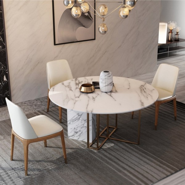 Modern Rock Slab Dining Table Gold Metal Base Sintered Stone Top Round