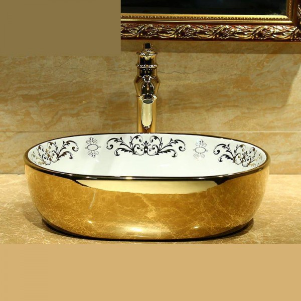 Luxury Oval Painting gold Ceramic Painting Art Lavabo Bathroom Vessel ...