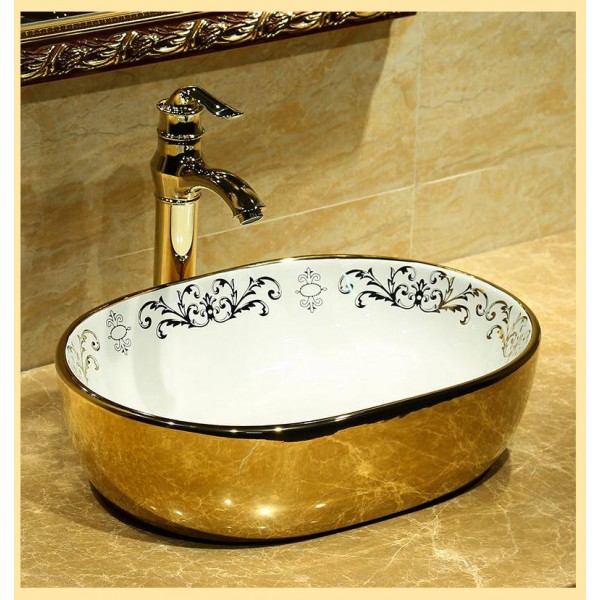 Luxury Oval Painting gold Ceramic Painting Art Lavabo Bathroom Vessel ...