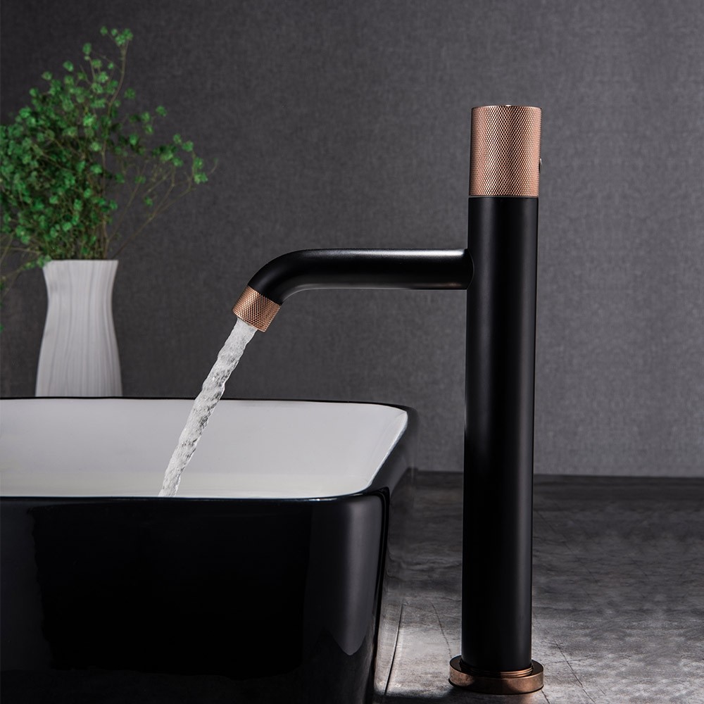 Bathroom Sink Vessel Faucet Brass Matte Black Elegant Water Drop Tall Design for Vanity Water Drop Black Basin Mixer Tap Countertop Mounted Single Handle Single Hole