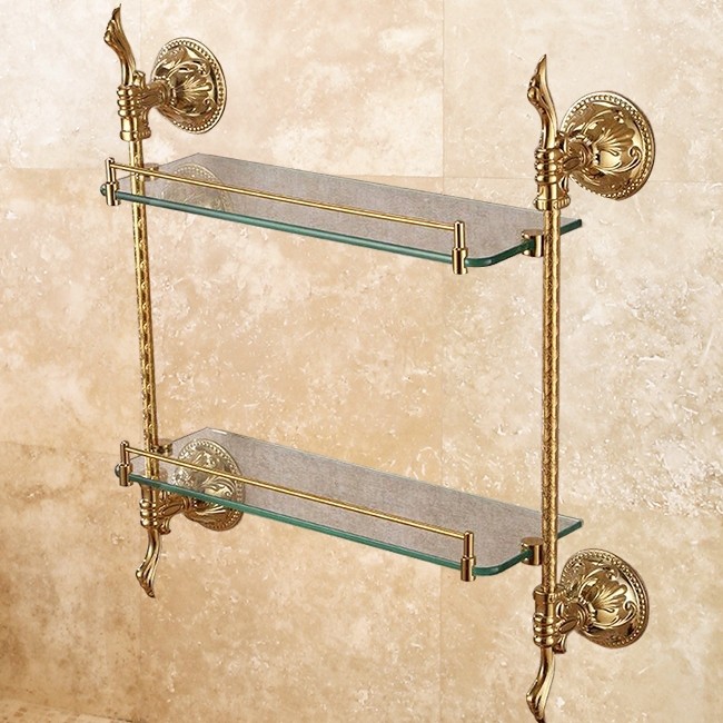 Luxury Atre Gold Finish Dual Tier Bathroom Shelf Wall Mounted Glass Shelf with Rail Solid Brass ...