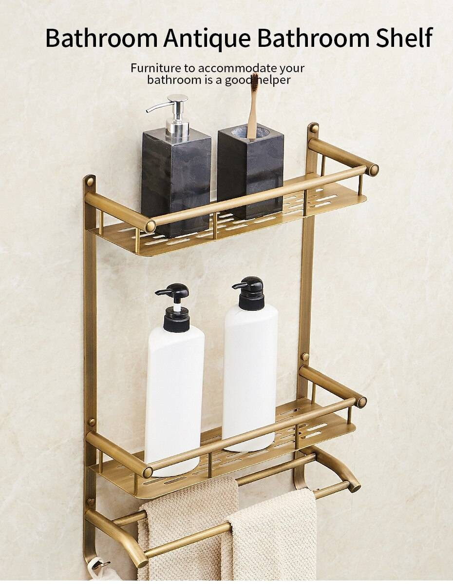 Antique Brass Toilet Shower Shelf Wall Mounted Bathroom Organizer Holder Shelf 