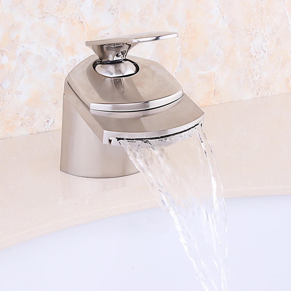 Bric Modern 1-Hole Waterfall Bathroom Sink Faucet Single Handle in Brushed  Nickel Solid Brass