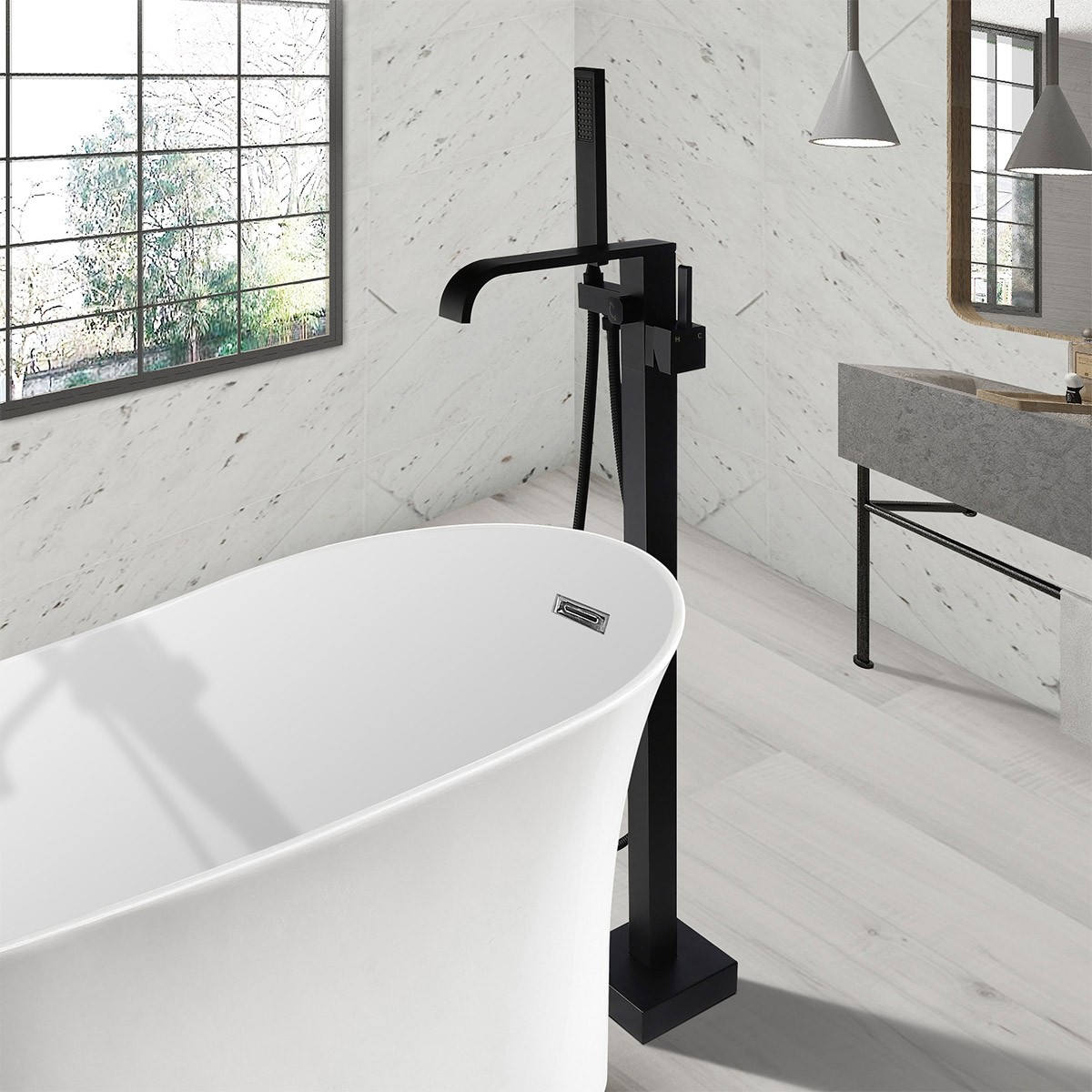 Matte Black Floor Mounted Tub Filler Freestanding Bathtub Faucet Brass Tap Single Handle with Handheld Shower