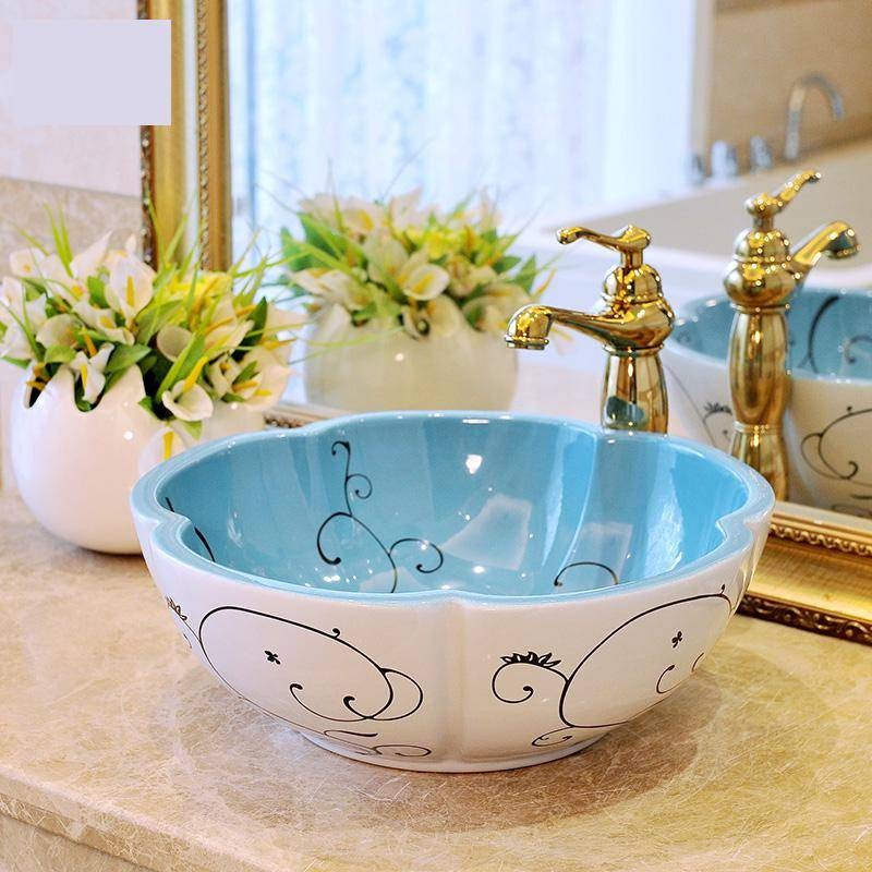 Luxury Flower Shape European Style Antique Basin Washbasin Bathroom Hand Painted Vessel Sinks Ceramic Decorative Wash - Bathroom Vessel Sink Wash Tub