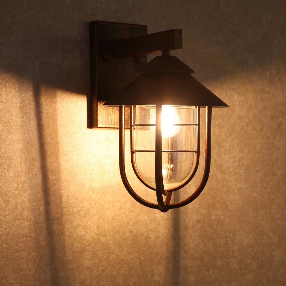 Industrial Antique Copper Metal Cage Wall Sconce Outdoor Wall Light&Glass Shaded 