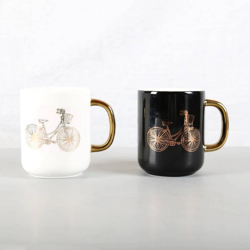 Luxury Lekoch 350ml Solid White Black Ceramic Coffee Mug Funny Bicycle Gold Plating Mugs Travel Tea Milk Mug Office Home Couple Cup Lekoch 350ml Solid White Black Ceramic Coffee Mug Funny Bicycle Gold