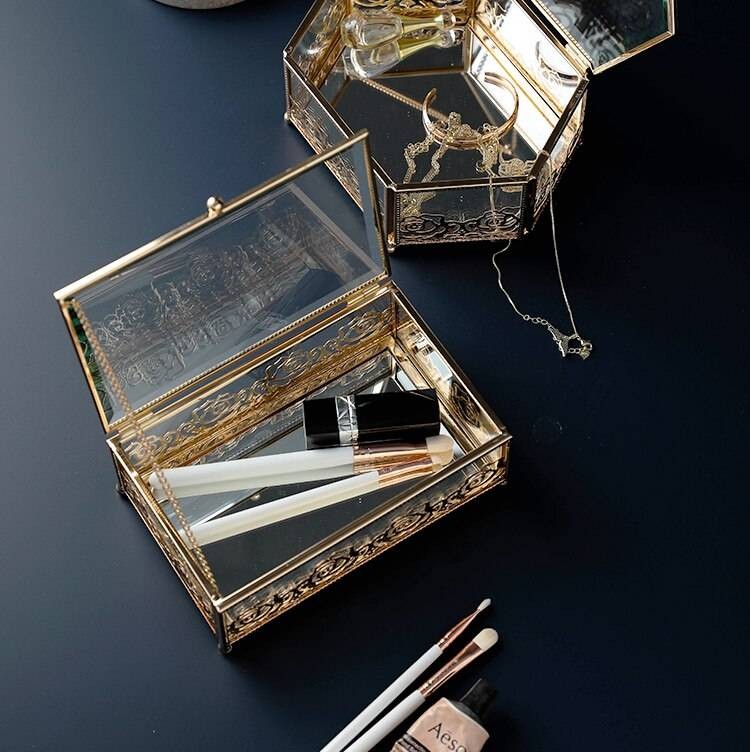 Luxury Light Luxury Glass Goldplated Wrought Iron Jewelry Box Home