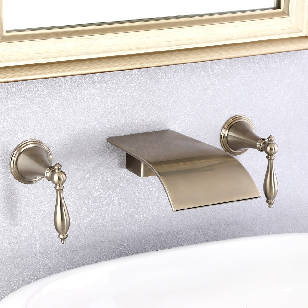 Luxury Milly Traditional Brass Waterfall Wall-Mounted Double Handles Bathroom Sink Faucet in ...