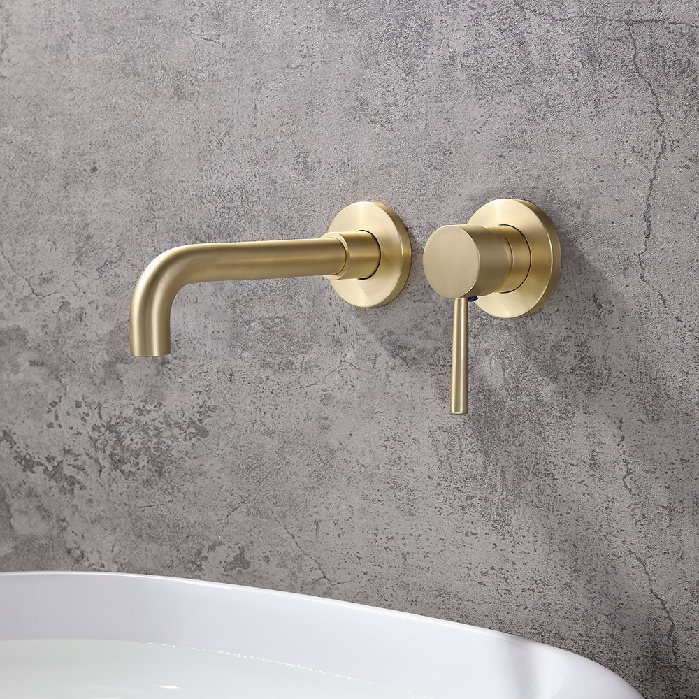 Modern Brushed Brass Single Lever Wall Mounted Bathroom Faucet Swivel Sink  Faucet Solid Brass