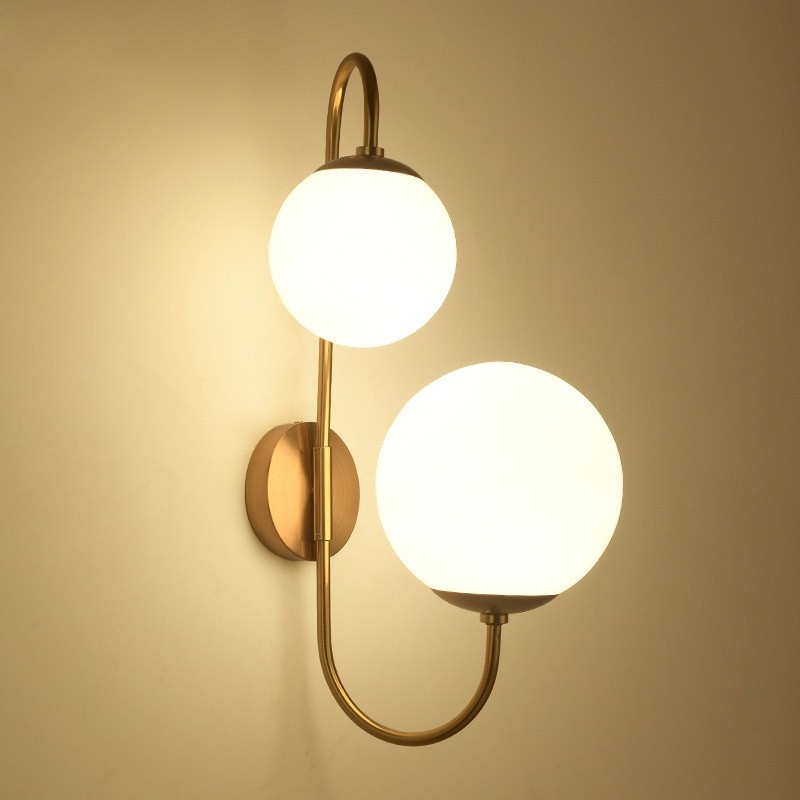 KunMai Modern Chic Milky White Glass Globe Two-Light Indoor Wall Lamp in Aged Brass for Bedroom Bathroom Hallway