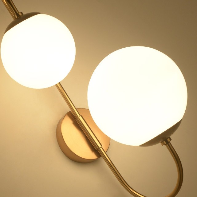 KunMai Modern Chic Milky White Glass Globe Two-Light Indoor Wall Lamp in Aged Brass for Bedroom Bathroom Hallway Sconce 
