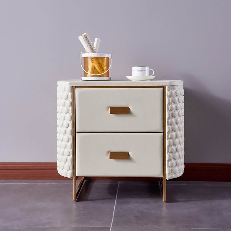 Luxury Modern Faux Leather 2Drawer Nightstand White and