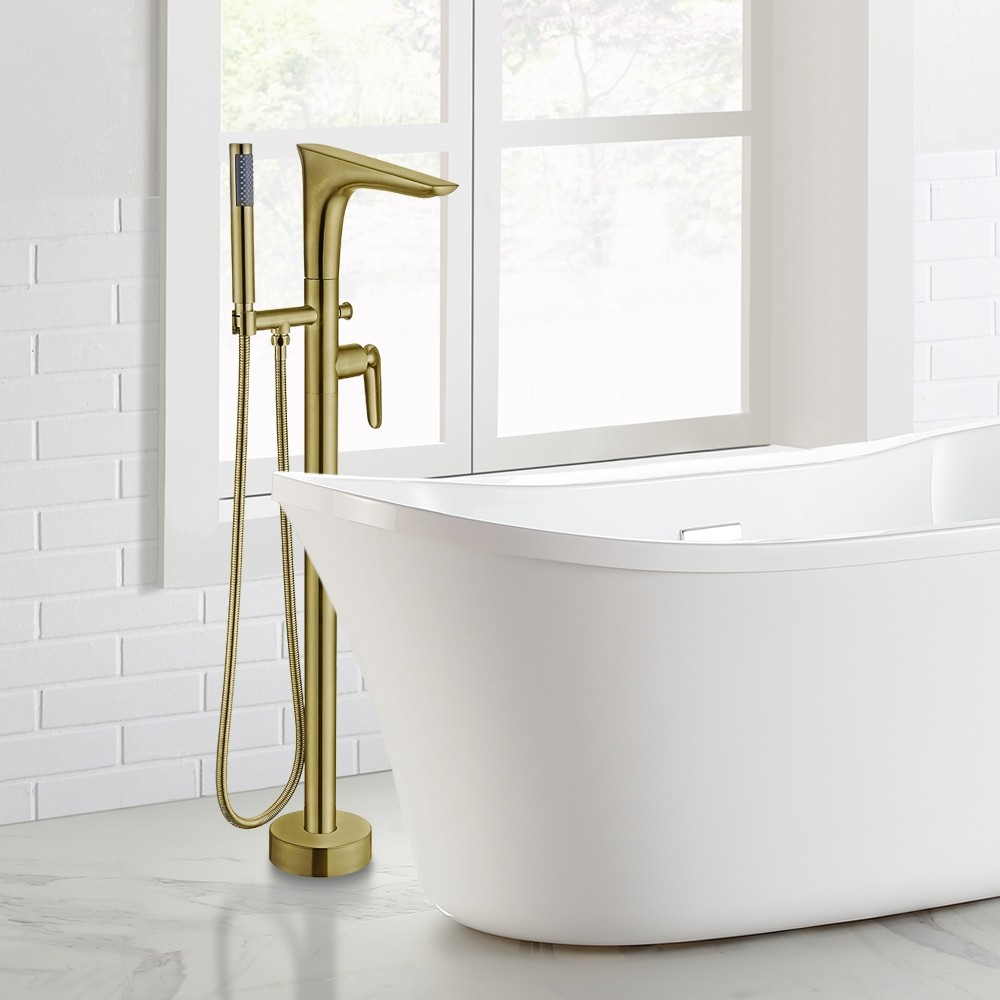 Modern Solid Brass Freestanding Tub Faucet Floor Mounted Tub Filler Gold Color 