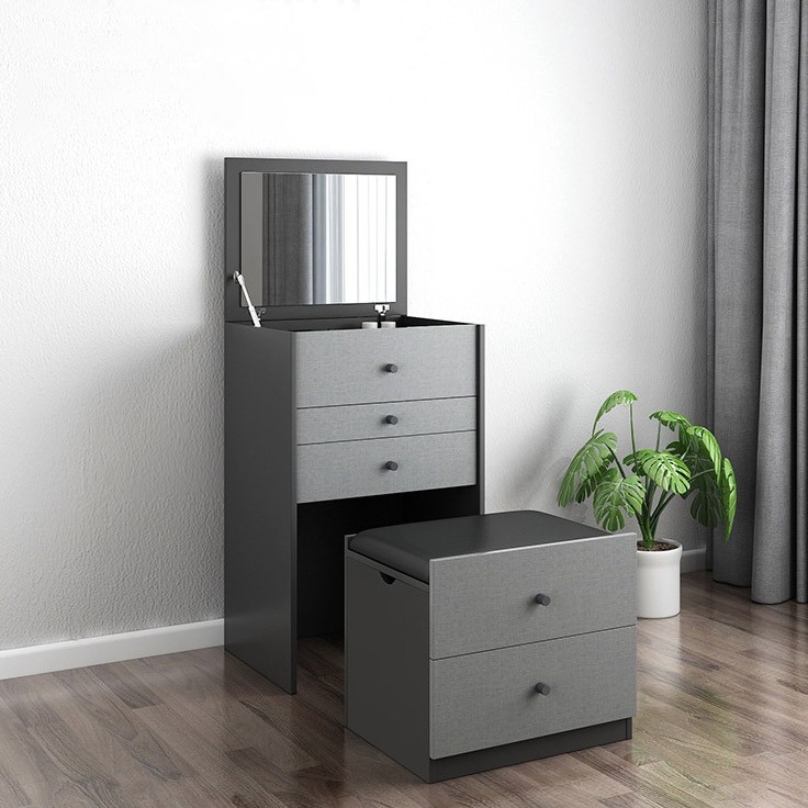 Luxury Modern Gray FlipUp Makeup Vanity Storage Dresser with Ottoman