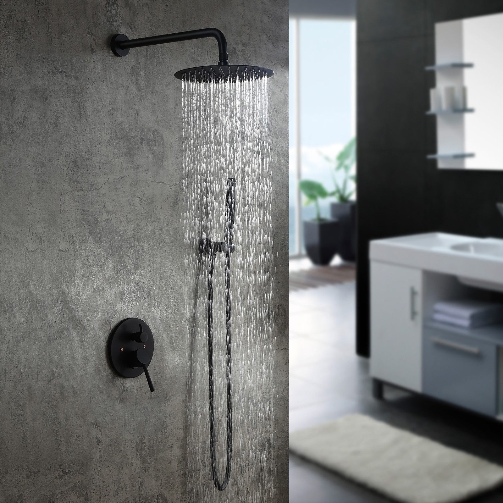Luxury Modern Matte Black Wall Mounted Rain Shower System With Round Rainfall Shower Head Handheld Shower Set Solid Brass Cupc Certificated Modern Matte Black Wall Mounted Rain Shower System With Round Rainfall Shower