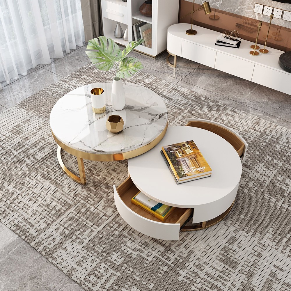 Luxury Modern Round Coffee Table With Storage Lift Top Wood Coffee Table With Rotatable Drawers In White Natural White Black Marble White Modern Round Coffee Table With Storage Lift Top Wood Coffee Table With Rotatable Drawers In White