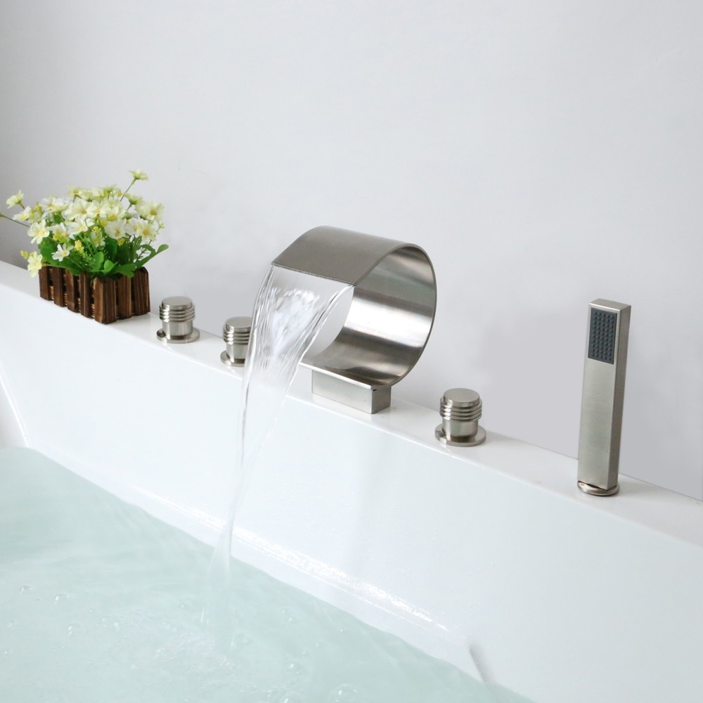 Waterfall Deck-Mount Roman Tub Faucet With Handshower In Brushed Gold