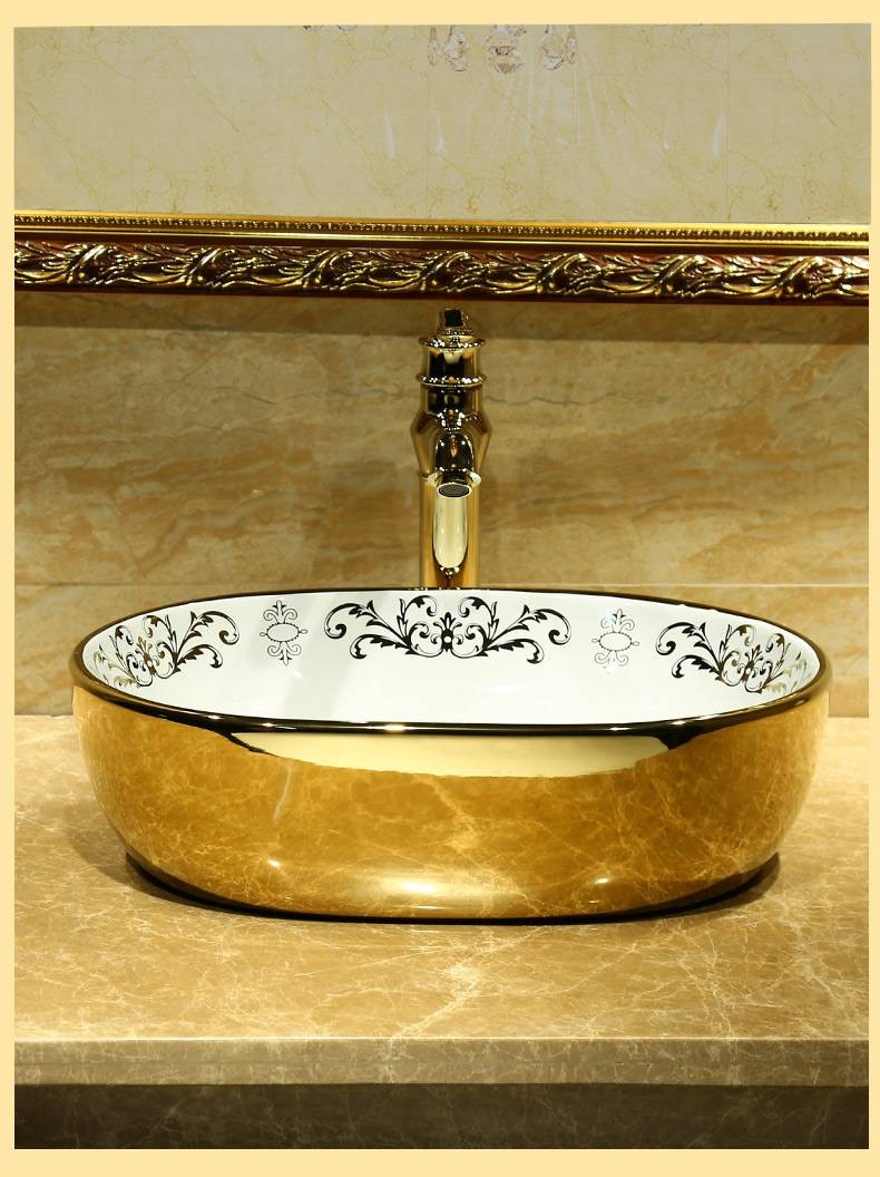 Luxury Oval Painting gold Ceramic Painting Art Lavabo Bathroom Vessel ...
