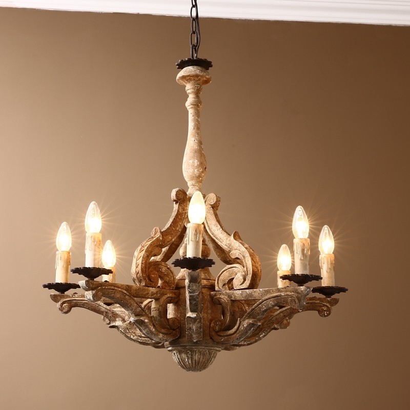 Luxury Retro French Country Carved Wood 8-Light Distressed Candle-Style ...