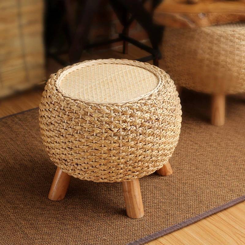 Wicker Pouf Round Foot Stool Change, Round Wicker Ottoman With Legs And