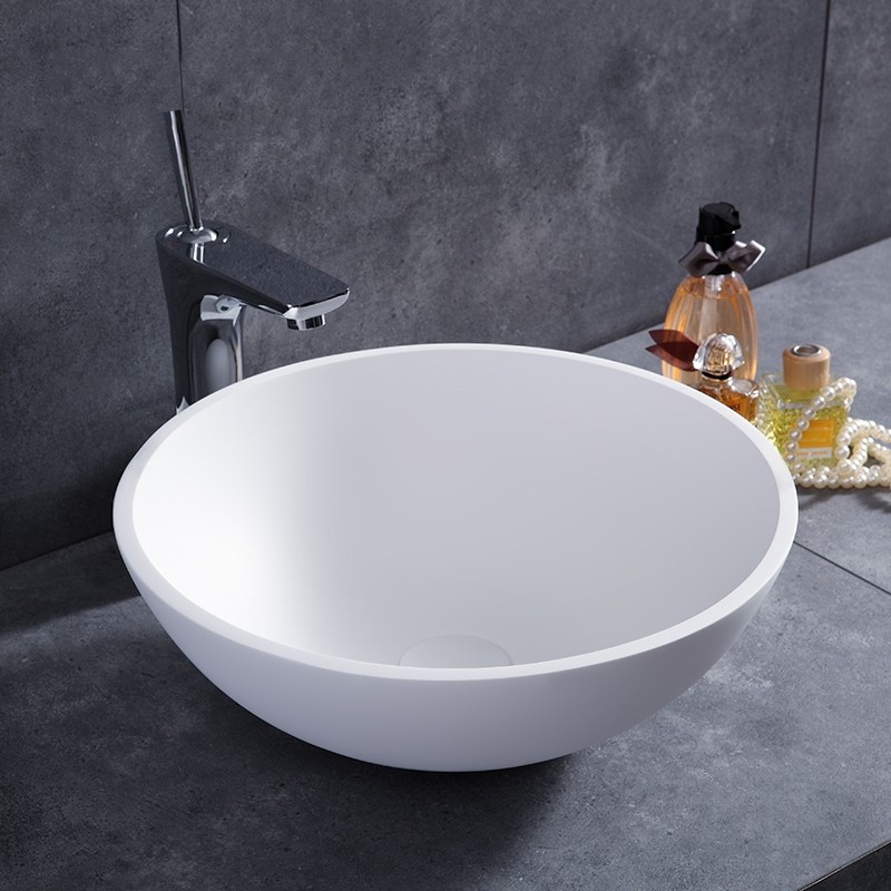 Luxury Stone Resin Round Bowl Shape Bathroom Vessel Sink in Matte Glossy White with Popup Drain