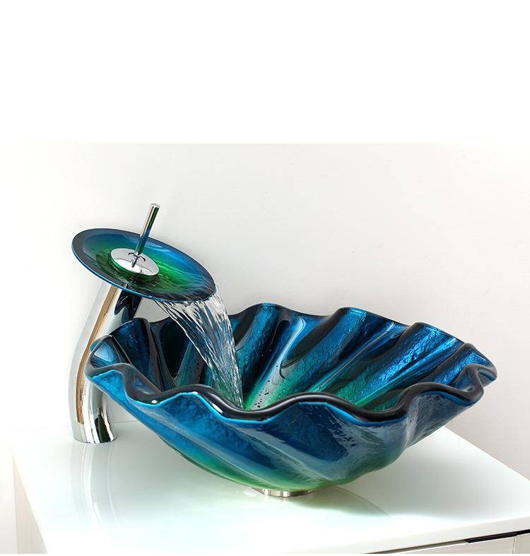 Luxury Toughened Glass Washbasin Podium Bathroom Abnormity Art Basin Sanitary Ware Bowl Sink Blue Wash - Bathroom Glass Wash Basin