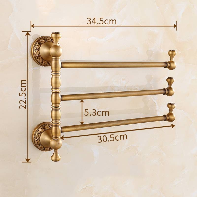 All Copper Retro Wall-Mounted Towel Rack Bathroom Storage Rack with Hook and 3 Rotating rods 