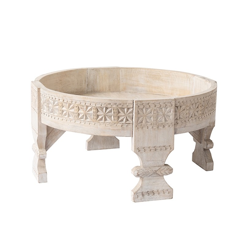 Round Moroccan Carved Wood Coffee Table, Round Wooden Moroccan Coffee Table