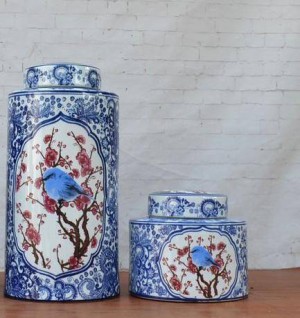 Bleu Et Blanc Glaçure Ornements Fleur Et Oiseau En Porcelaine Pot Décoration Circulaire Nouveau Classique Mobilier De La Maison en céramique pot vase