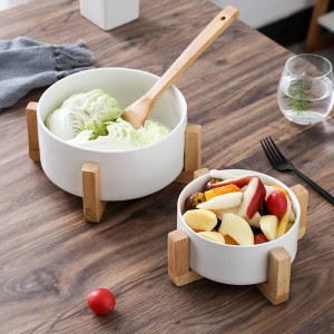 Bol à salade de fruits créatif Bol à soupe en céramique à usage ménager Pot à soupe Bol à collations instantané avec cadre en bois