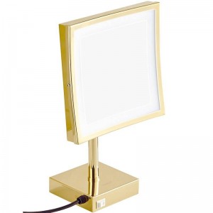 Espejo de maquillaje cuadrado dorado de aumento 3X de pie en el tocador Espejo cosmético con 3 luces de nivel (natural / fresco / cálido)