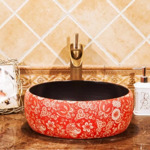 Cuarto de baño Lavabo Lavabo sobre encimera de cerámica Lavabo Guardarropa pintado a mano Lavabo del baño fregadero de tocador vintage rojo
