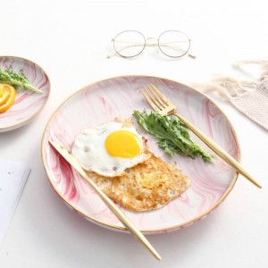 InsFashion fantástica bandeja de desayuno de cerámica de mármol rosa con borde dorado para un restaurante romántico de estilo bohemia