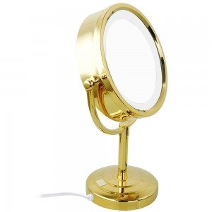 10x / 1x Ampliación Espejo de maquillaje con luces LED Doble cara Cristal redondo Espejo de pie Acabado dorado M2208DJ