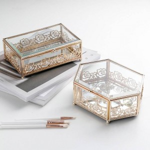 Luz de lujo de cristal chapado en oro caja de joyería de hierro forjado hogar creativo caja de almacenamiento de encaje dormitorio escritorio caja de acabado