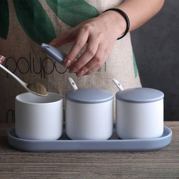 Keramik Gewürzbehälter Set 3-teilig, Home-Kitchen-Gewürzbehälter mit abgedecktem Salzglas-Kombinations-Kreativ-Gewürzkasten